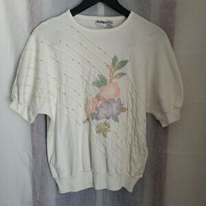 Vintage Koret Women's Size M Shirt Short Sleeve Top Cream Off White Floral Beads
